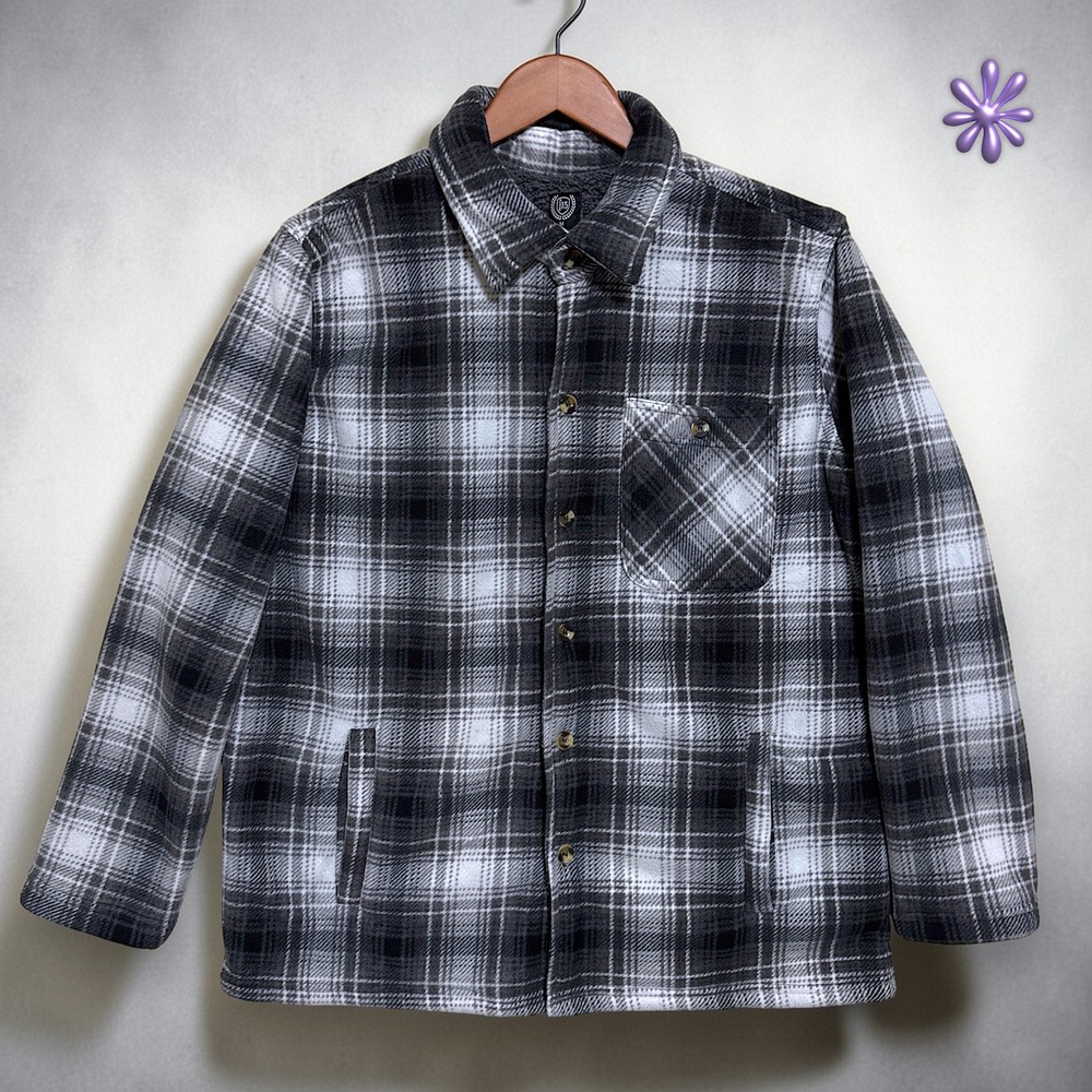 North 15 Sherpa Lined Plaid Fleece Shaket Jacket | Black & Gray | Men's‎ MEDIUM
